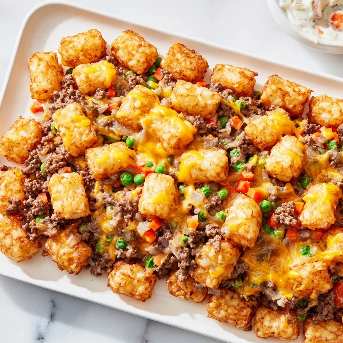 Golden, bubbly Family Favorite Tater Tot Casserole, a hearty baked dish with melted cheese and crispy tots.