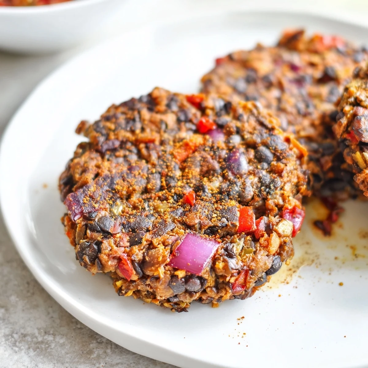 Crispy, golden-brown Vegetarian Black Bean Burgers, ready to top with fresh lettuce and tomato slices.