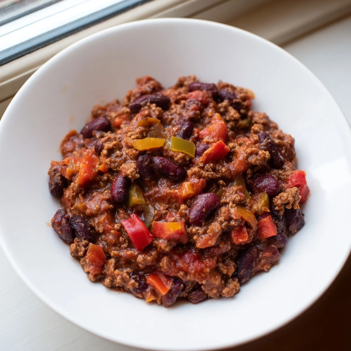 A steaming bowl of Simple Weeknight Chili, topped with cheese and sour cream, ready to enjoy.