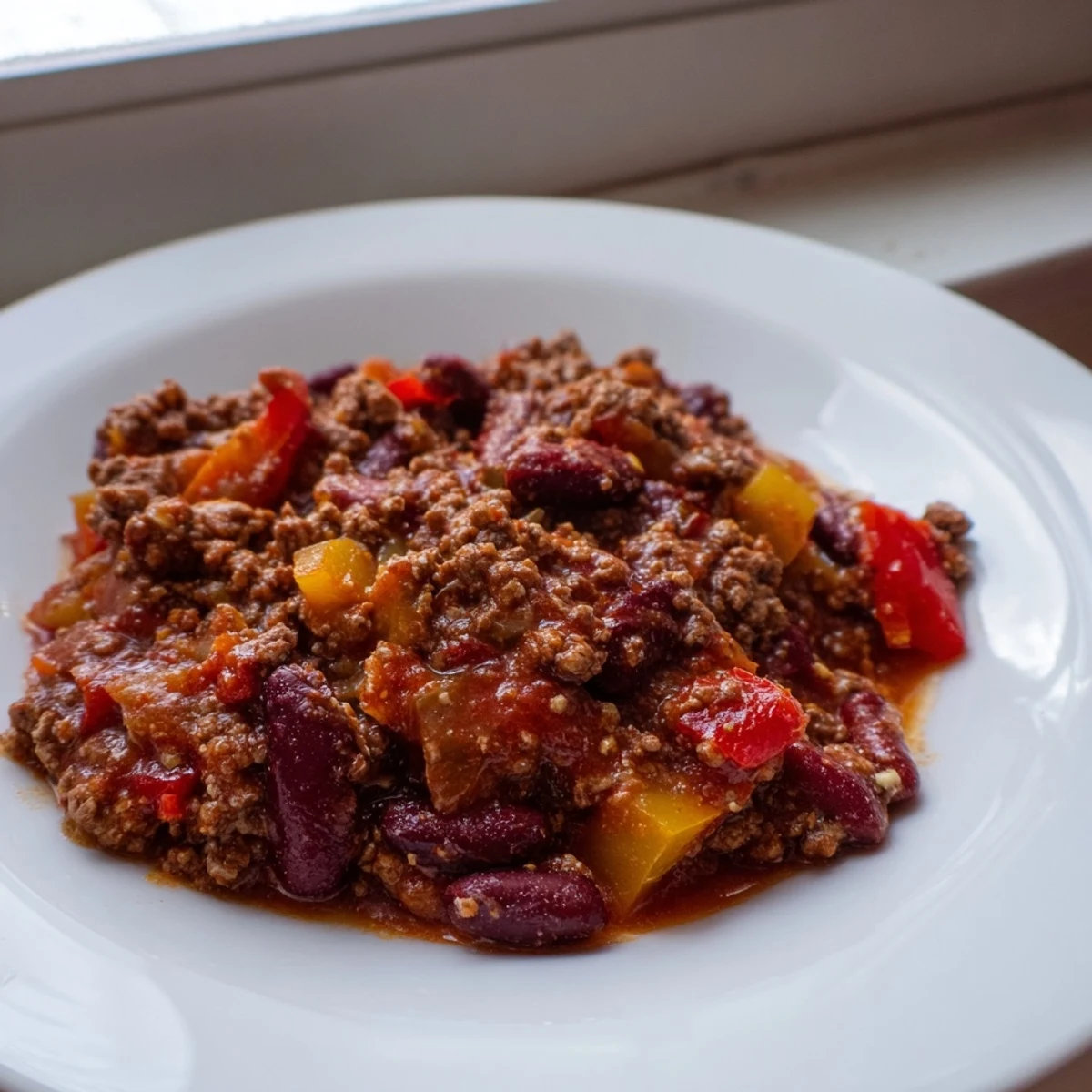 Close-up of hearty Simple Weeknight Chili, perfect for a cozy weeknight dinner with cornbread.