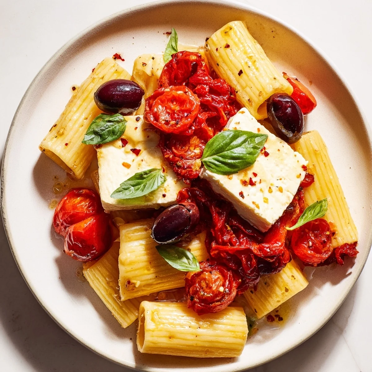 Creamy Baked Feta Pasta, bursting with juicy tomatoes and olives, ready to serve and enjoy.