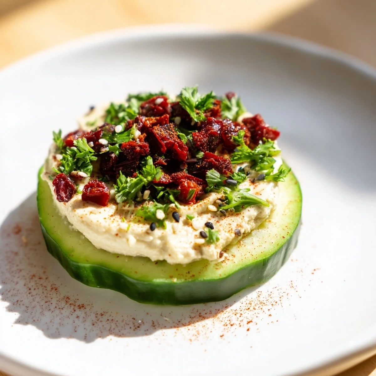 Fresh Quick Hummus and Cucumber Bites, a vibrant appetizer with creamy hummus atop crisp cucumber.