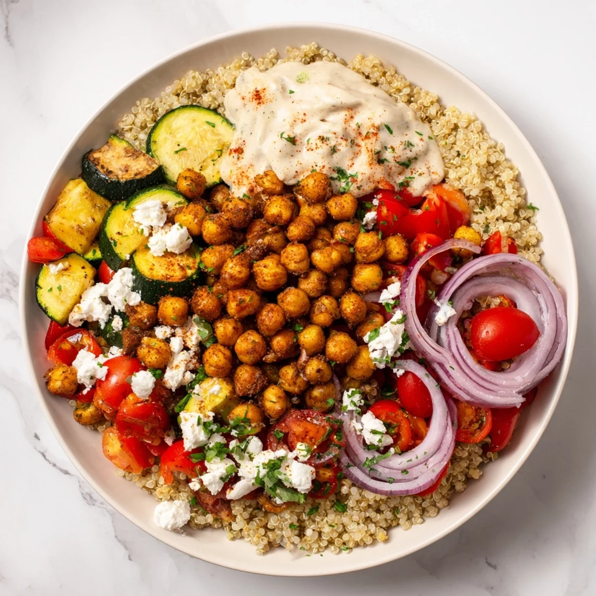 Mediterranean Chickpea and Veggie Grain Bowl: a colorful assortment of roasted vegetables and zesty lemon tahini dressing.