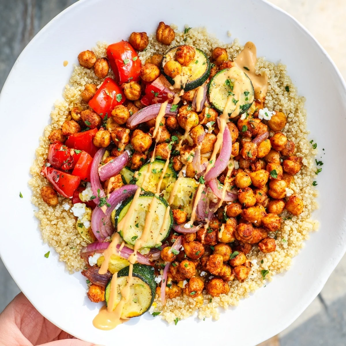 This Mediterranean Chickpea and Veggie Grain Bowl features beautiful bright colors, perfectly roasted vegetables over fluffy quinoa.