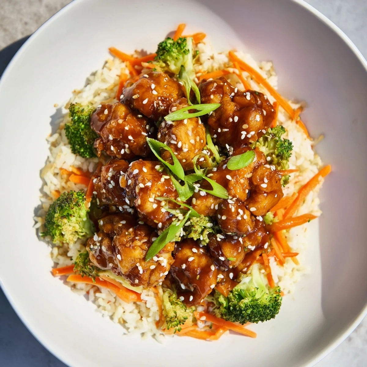Golden-brown glazed chicken teriyaki bowls overflowing with vegetables and fluffy rice, ready to eat.