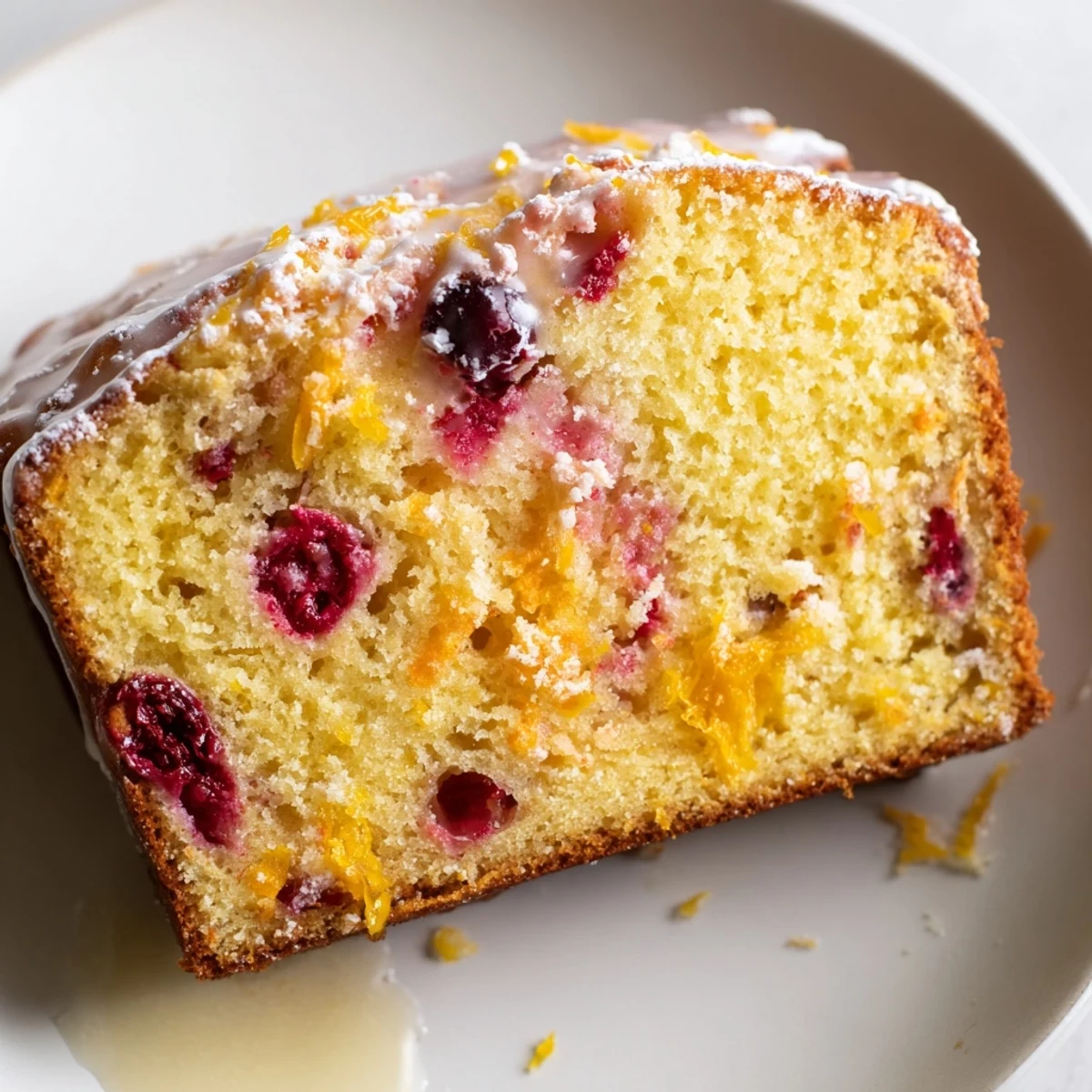 Warm, golden slice of Seasonal Cranberry and Orange Bread, promising a burst of citrus flavor.