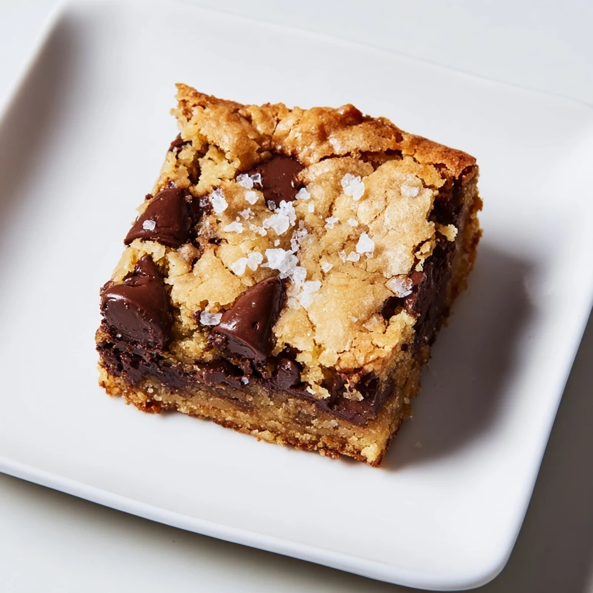 The Ultimate Gooey Chocolate Chip Cookie Bars, warm from the oven, with melting chocolate chips.
