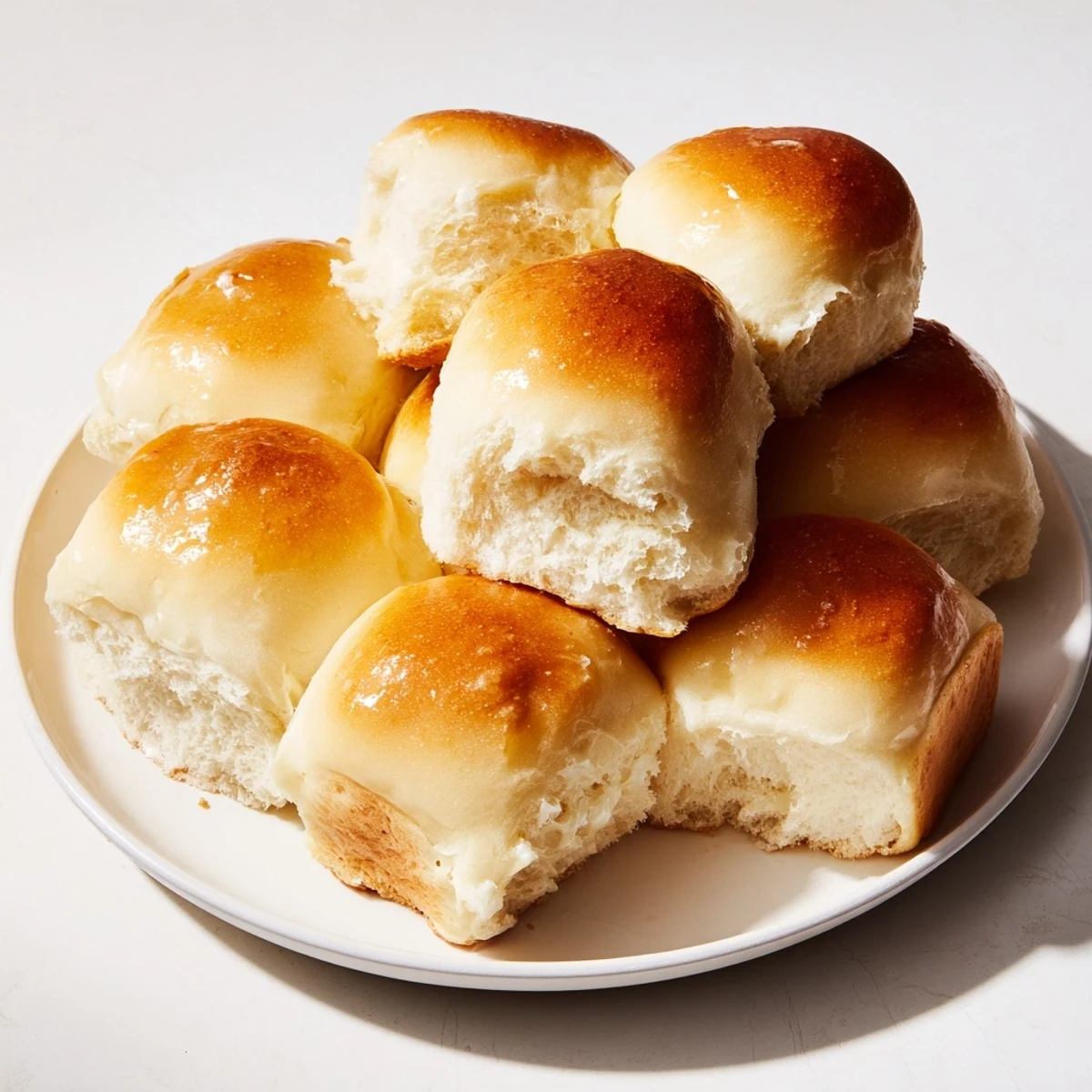 Golden dinner rolls, fresh from the oven, glistening with melted butter, ready to be enjoyed.