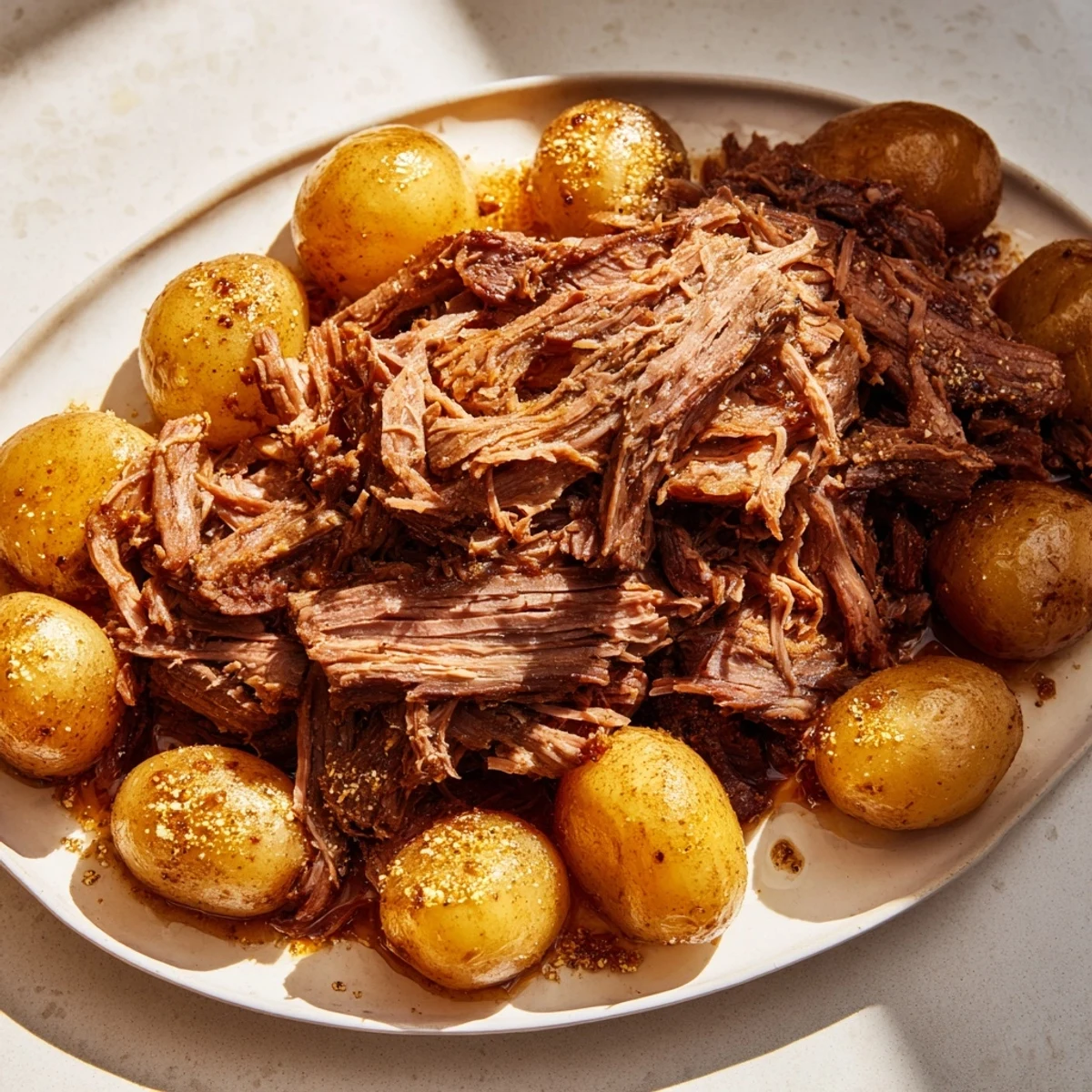 Tender Slow Cooker Pot Roast with potatoes, savory juices, ready to serve, a comforting meal.