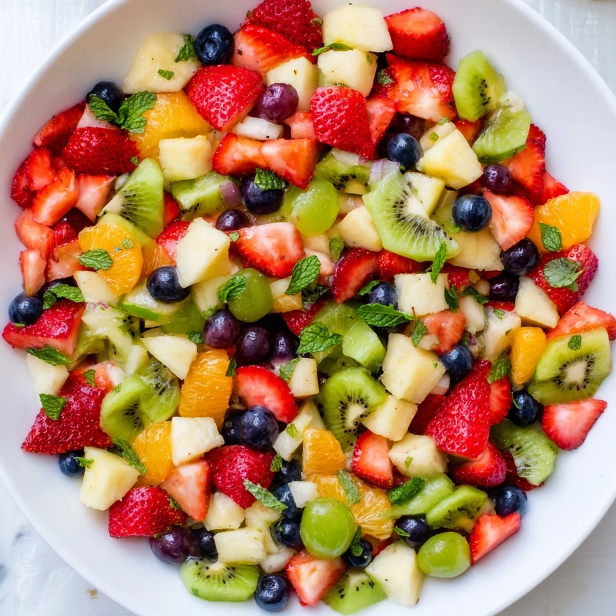 A colorful bowl of refreshing fruit salad glistens with honey-lime dressing, ready to enjoy.