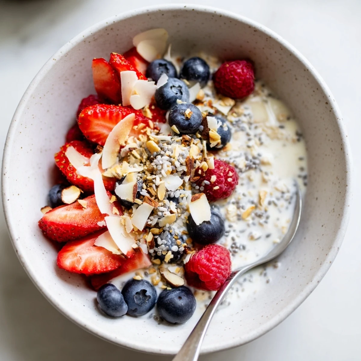 Creamy overnight oats with berries and chia seeds, a colorful breakfast jar ready to eat.