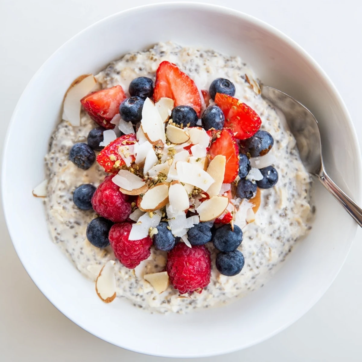 Enjoy a spoonful of chilled overnight oats with berries—a refreshing, make-ahead meal.