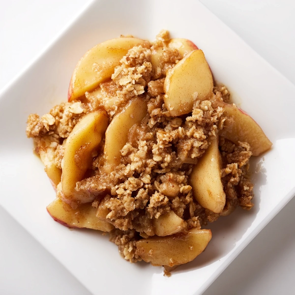 Close-up of baked Rustic Apple and Cinnamon Crumb Bake, showing juicy apples under a golden crispy crust.