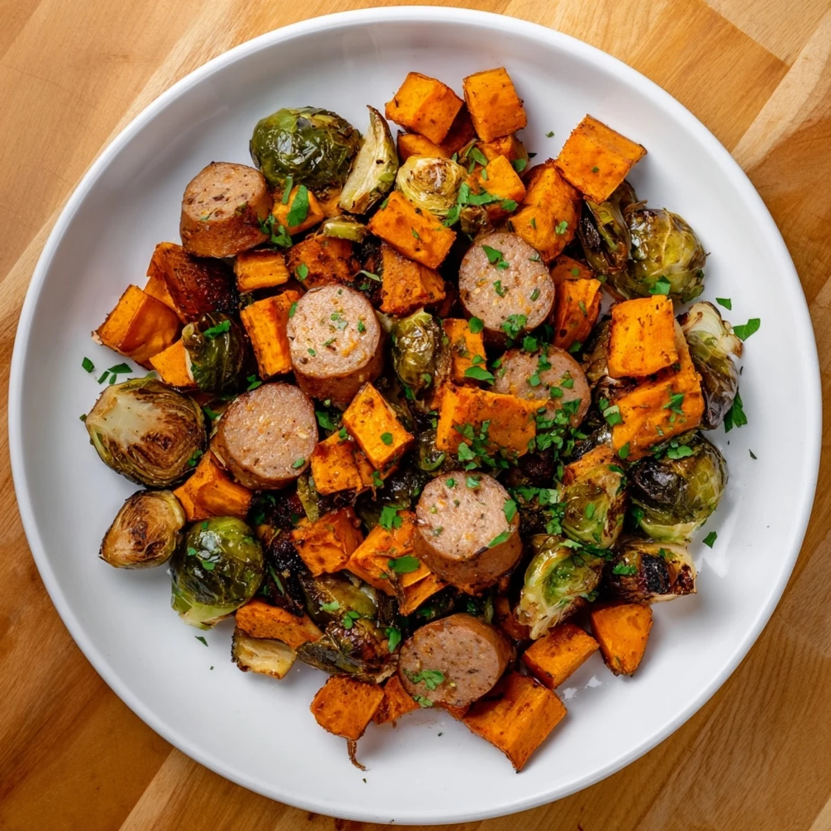 Sheet Pan Sausage with sweet potatoes and Brussels sprouts, ready to serve with fresh parsley.