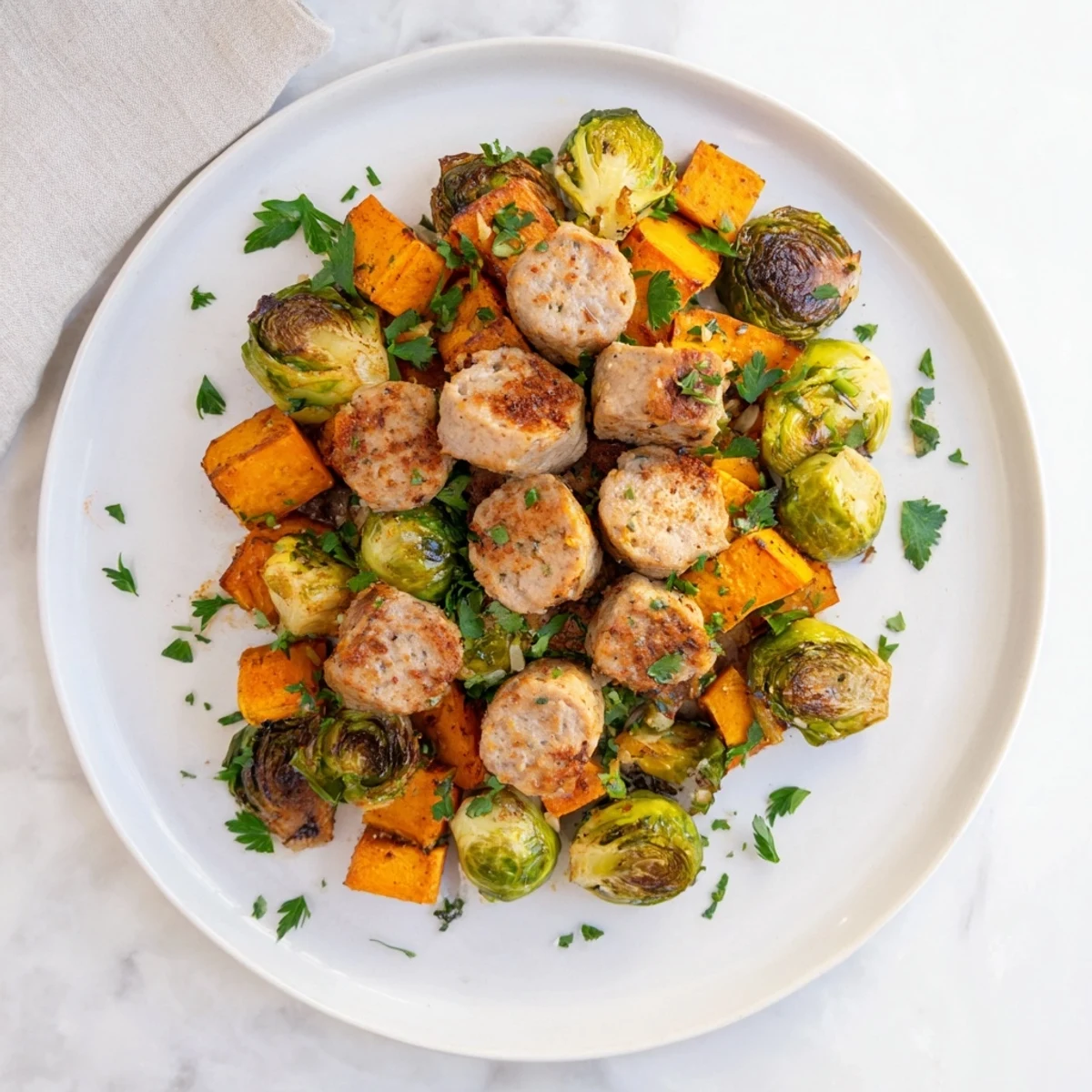 A vibrant close-up of sheet pan sausage mingling with roasted sweet potatoes and Brussels sprouts.