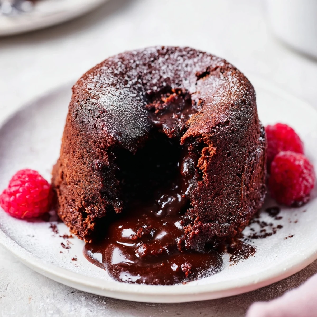Steaming, oozing center of delicious mini chocolate lava cakes, perfect with fresh berries on the side.