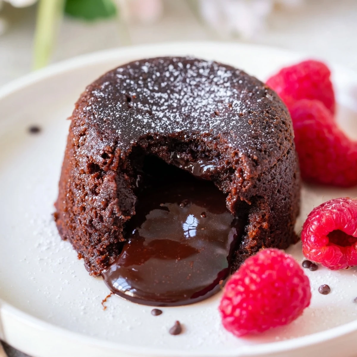 Sprinkled powdered sugar tops these rich, decadent mini chocolate lava cakes, ready to enjoy as dessert.