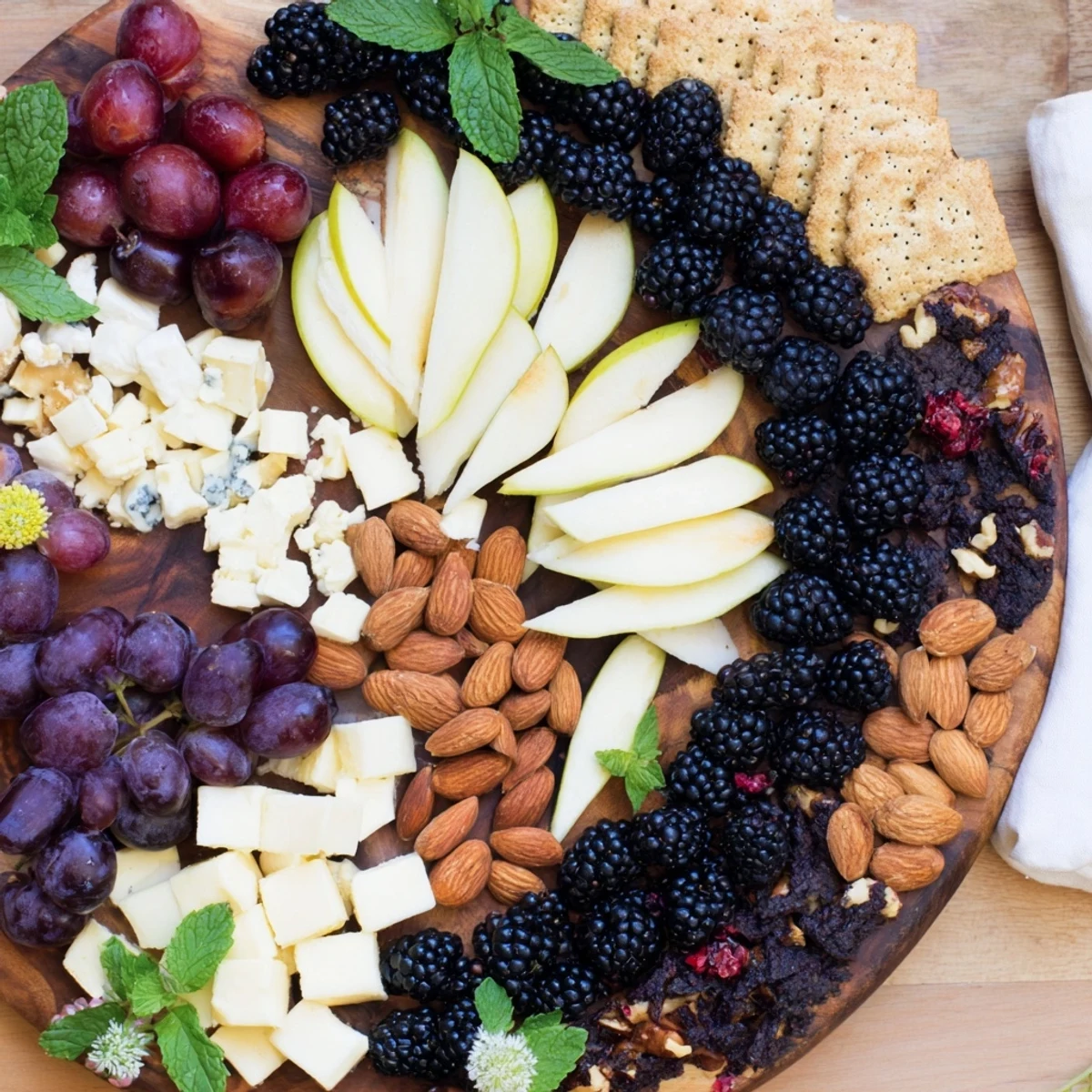 Elegant Yin-Yang Balance appetizer board with blackberries dividing cheeses, fruits, and crackers.
