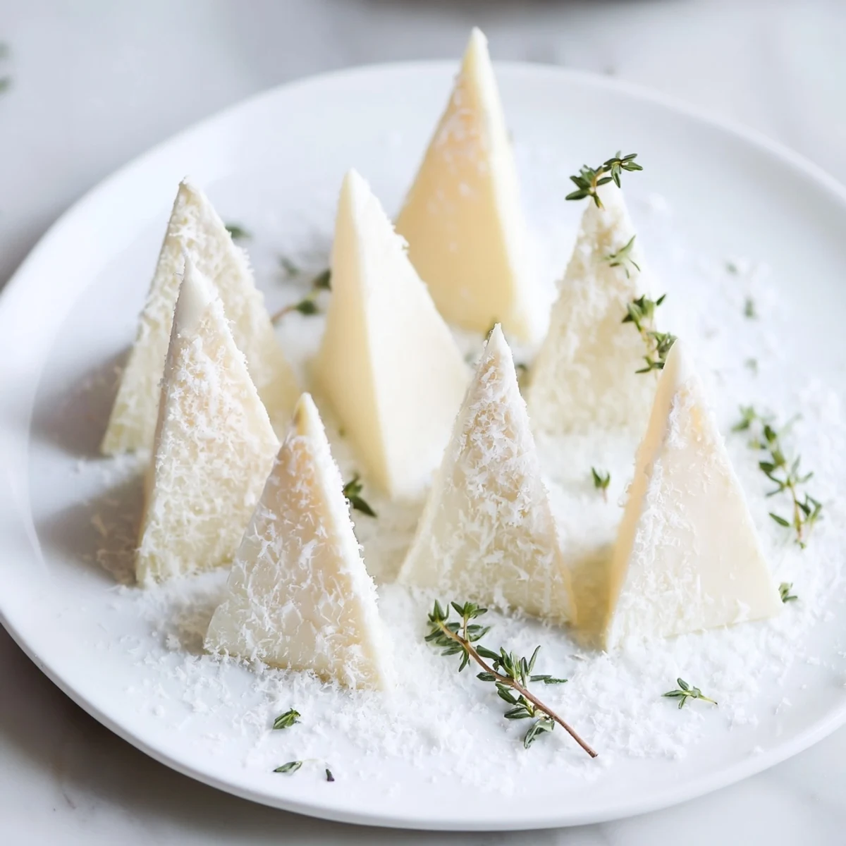 A stunning image shows the Snowcapped Range appetizer: Brie wedges dusted with snowy Parmesan and fresh thyme.