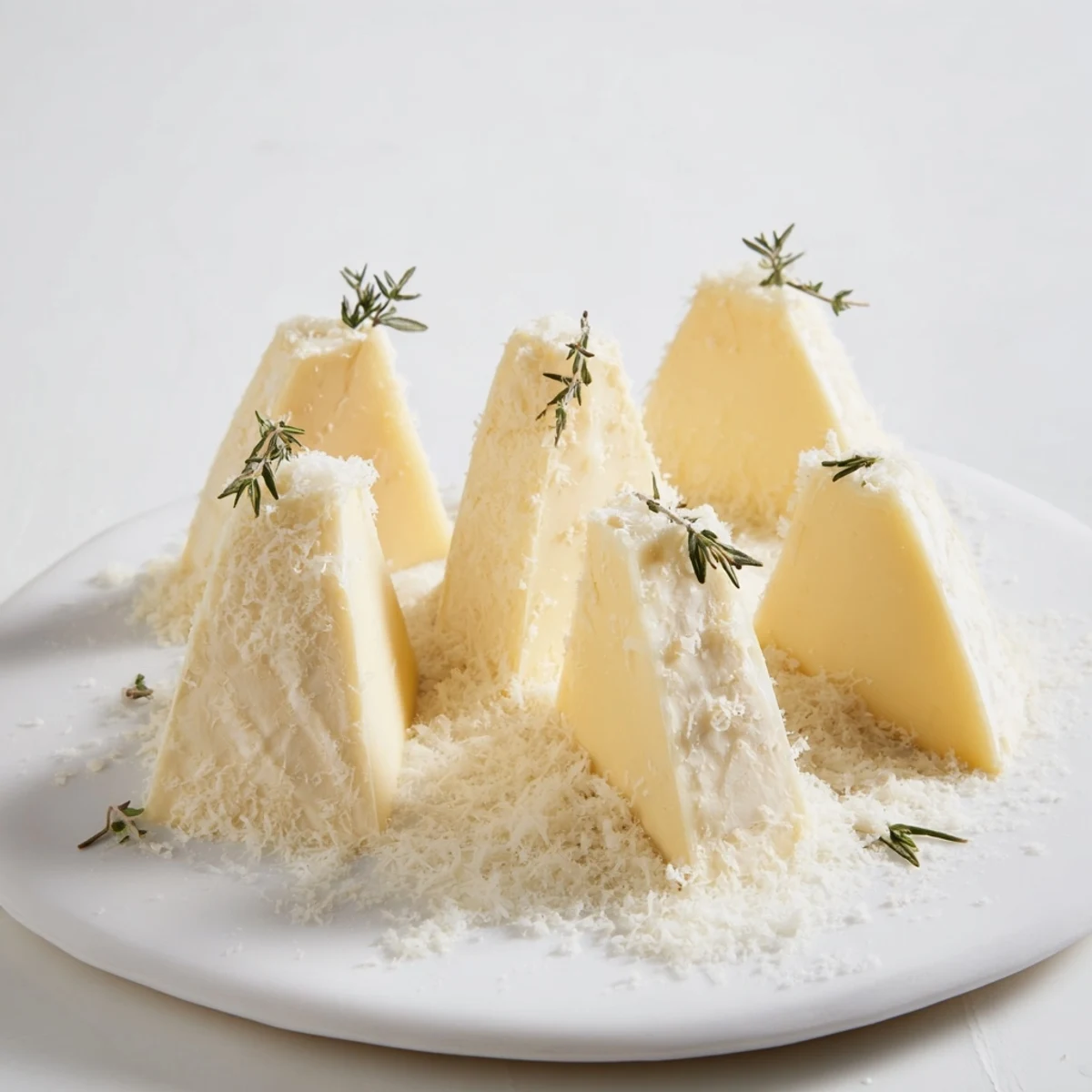 Elegant Snowcapped Range appetizer featuring creamy Brie "mountains" dusted with Parmesan "snow."
