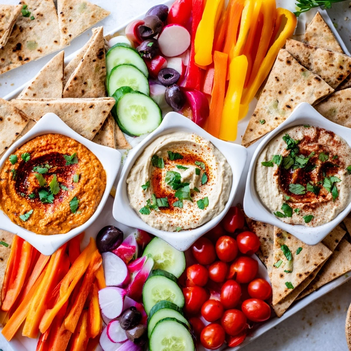 A colorful The Moroccan Tent appetizer, perfect for sharing, with fresh vegetables and dips.