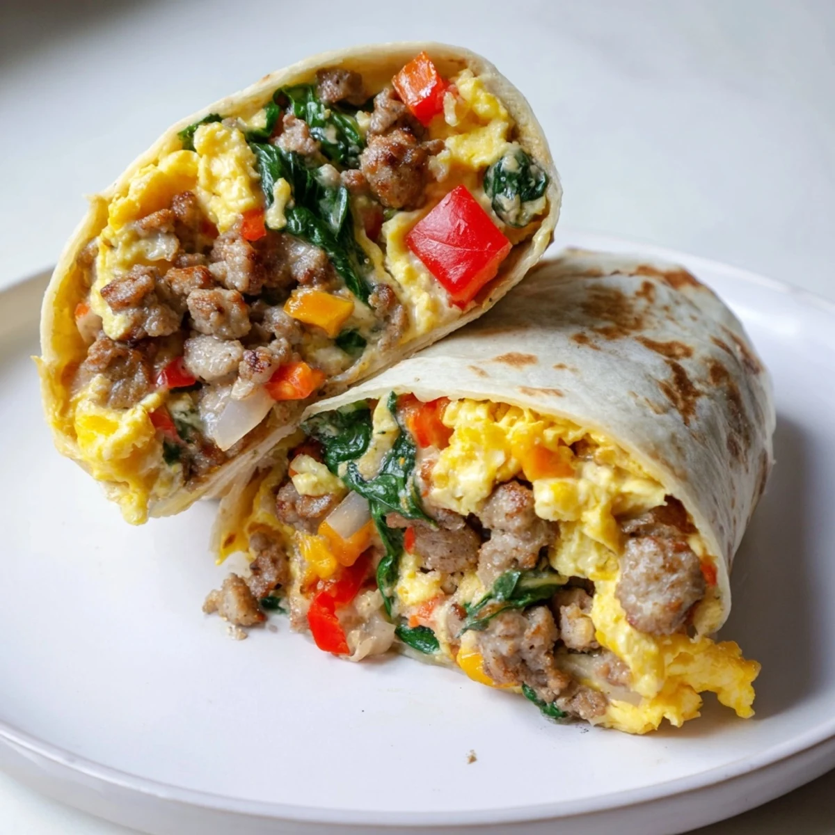 Steaming, cheesy Make-Ahead Breakfast Burritos ready, packed with savory sausage and veggies after cooking.