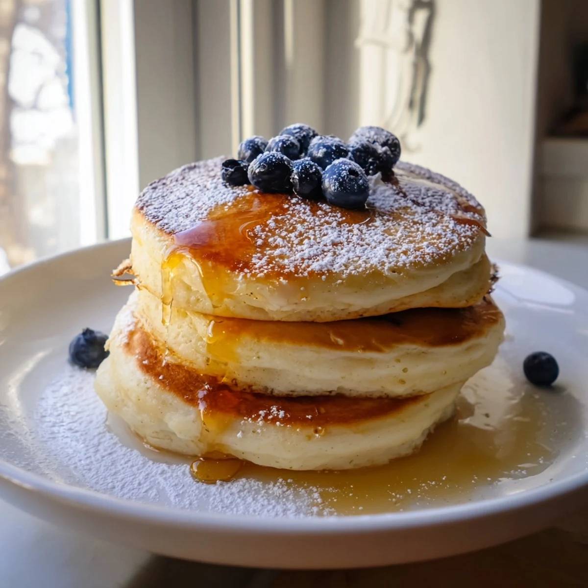 Golden brown light and fluffy ricotta pancakes, perfect for a cozy weekend brunch served with berries.