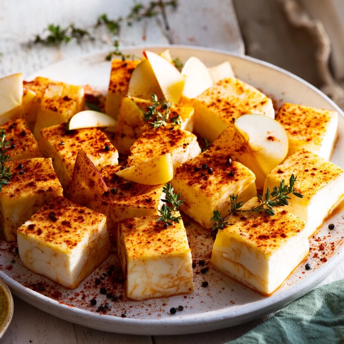 Smoked paprika coats the cheeses in this delicious The Autumn Ember appetizer, ready to serve.