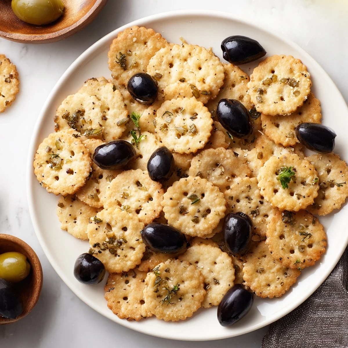 A close-up of the charming Cobblestone Courtyard appetizer with olives nestled among crackers.