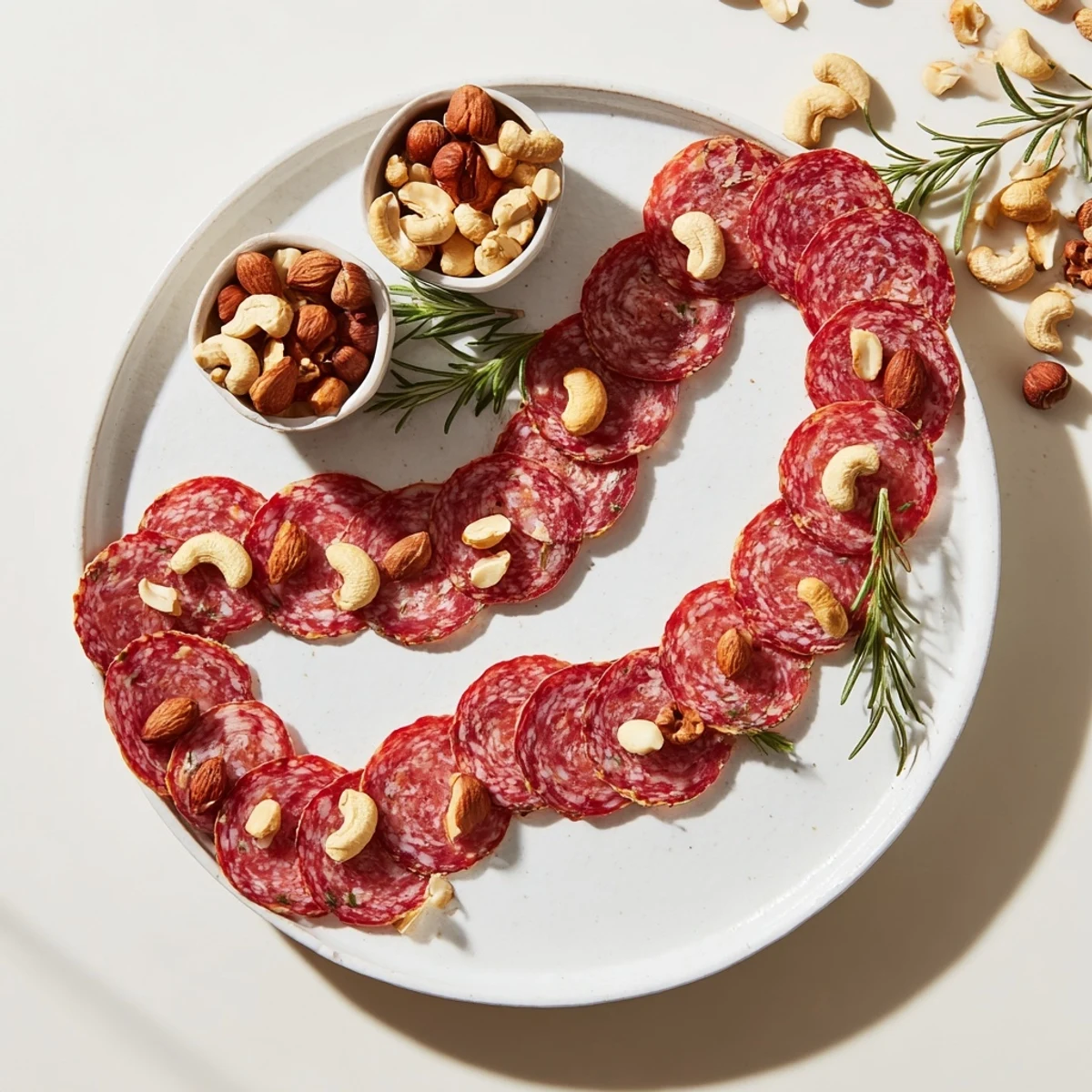 Artful overhead shot of The Infinity Loop appetizer, with salami perfectly looping around nut bowls.