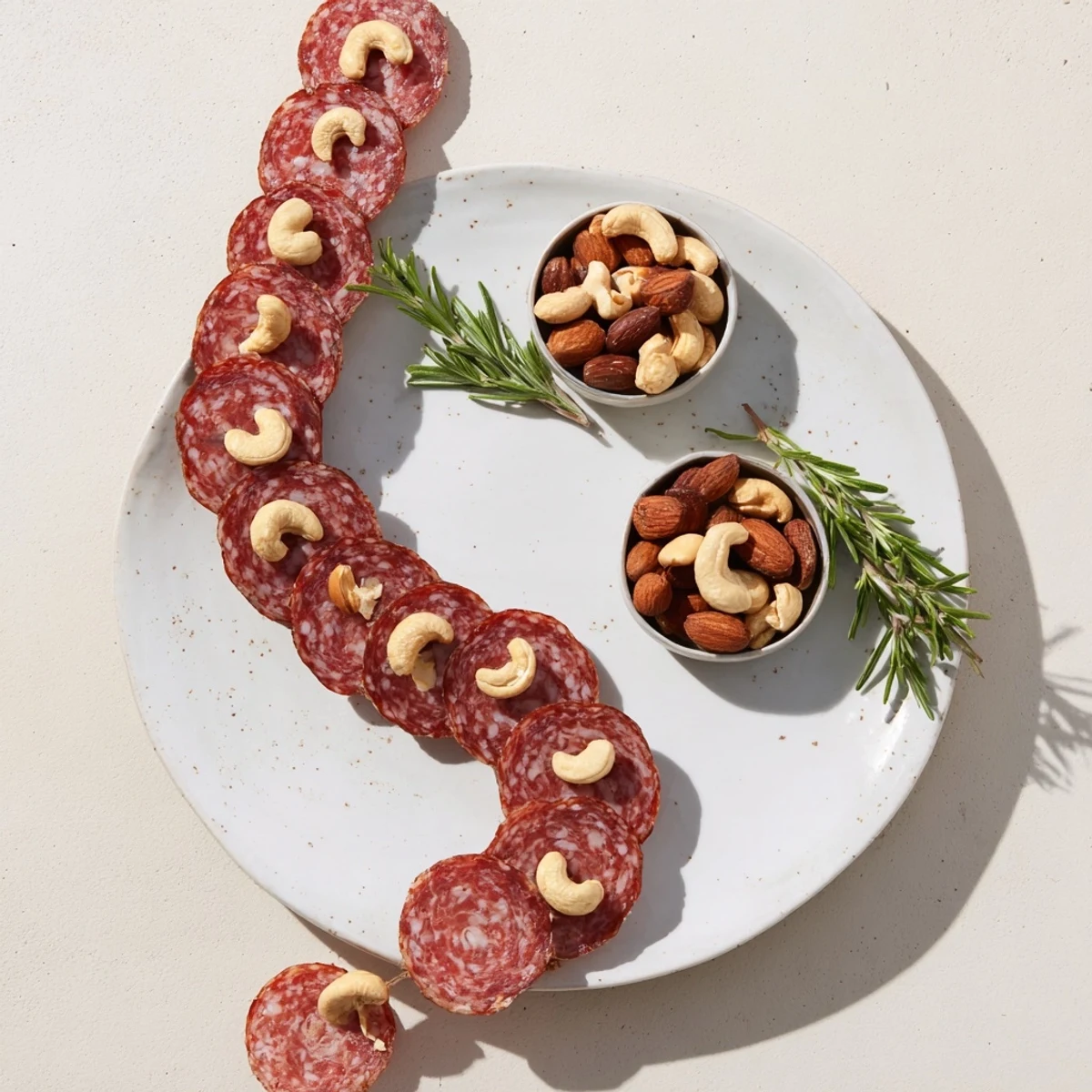 Close-up of the delicious The Infinity Loop: cured salami and mixed nuts invitingly arranged and ready.