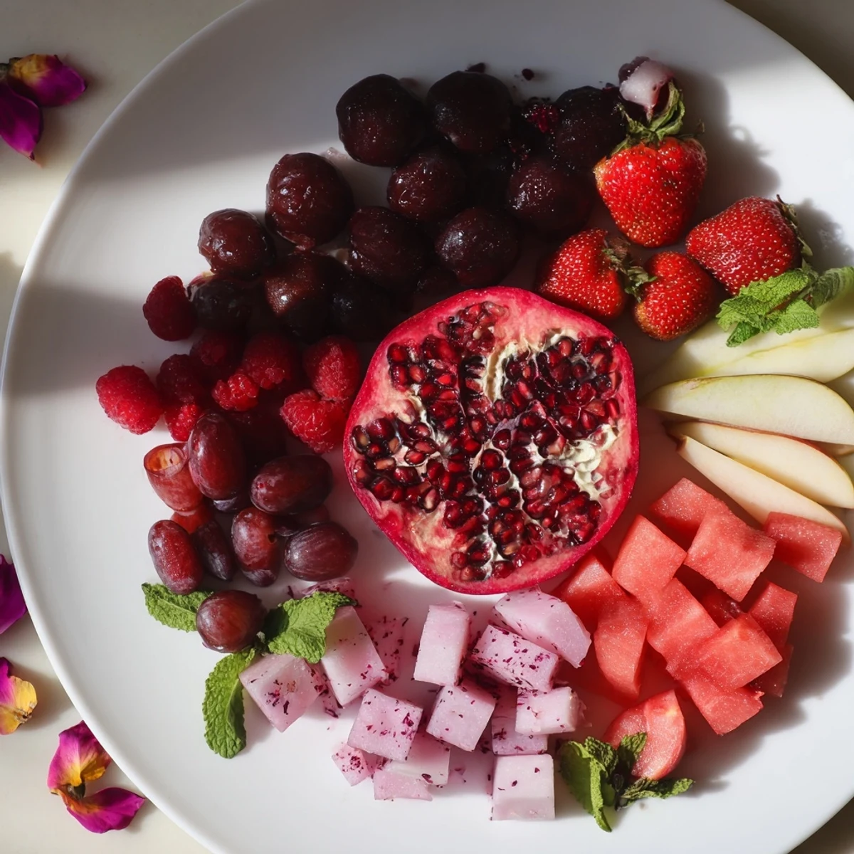 Vibrant Pomegranate Pivot fruit platter: a rainbow of fresh fruit artfully arranged around a pomegranate.
