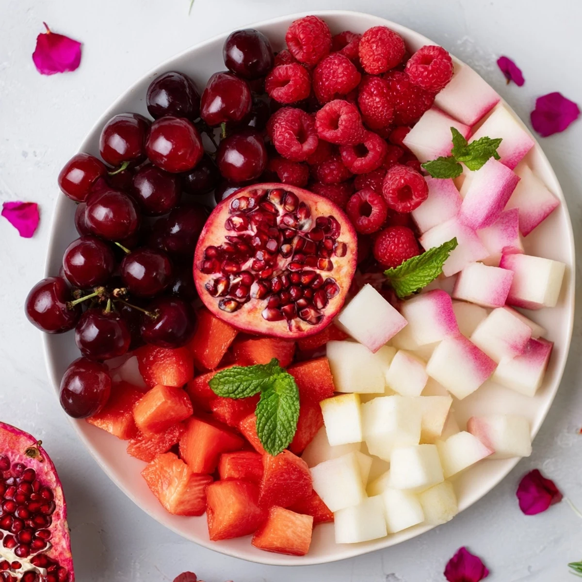 This appealing Pomegranate Pivot shows cut fruit with beautiful gradients, creating a stunning and delicious platter.