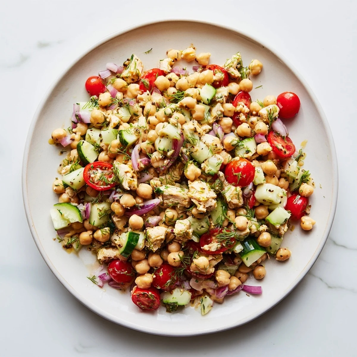 Bright, colorful image of a refreshing Dense Bean Salad with Lemon-Dill Chicken, perfect for lunch.