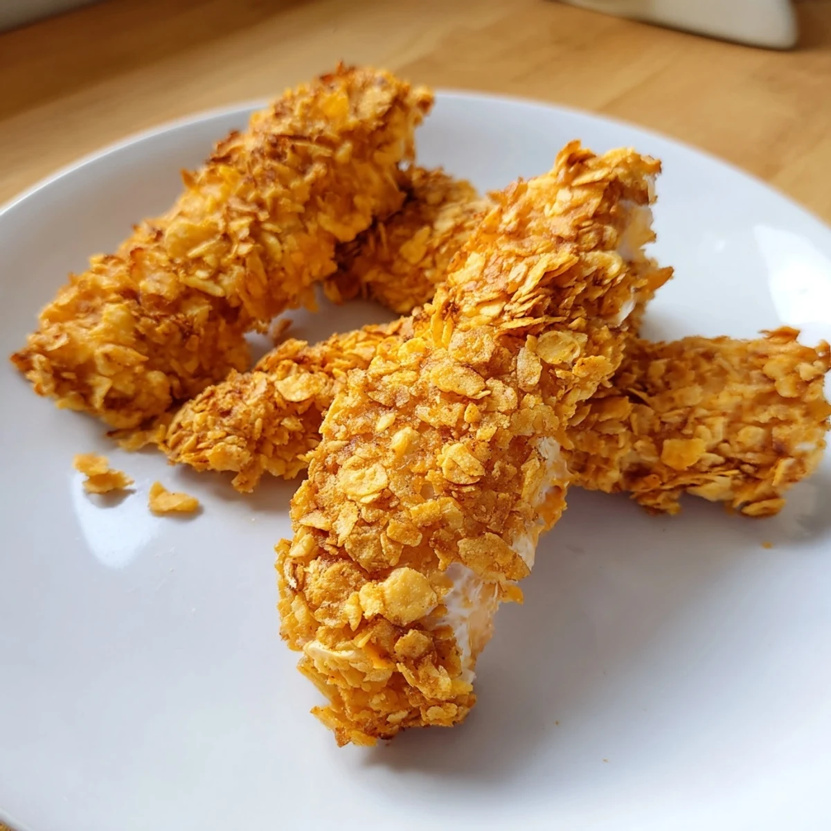Golden brown Crispy Onion Chip Chicken Tenders, textured with crushed chips, sit ready to serve.