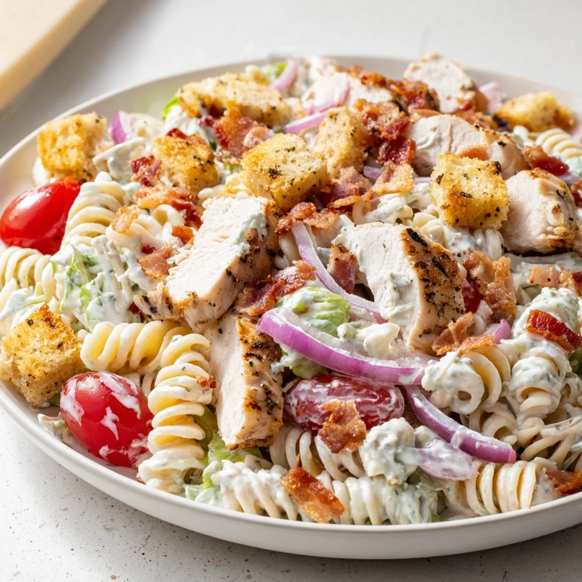 Creamy Chicken Caesar Pasta Salad, featuring grilled chicken and crispy bacon; a perfect lunch option.