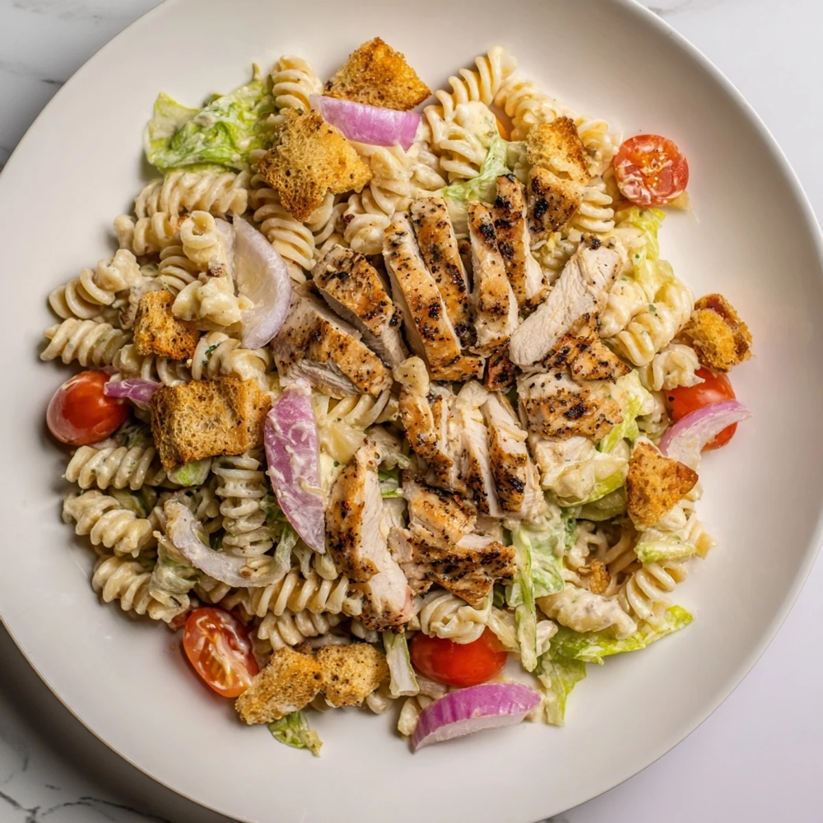 A delicious bowl of Chicken Caesar Pasta Salad with rotini, tossed with a rich Caesar dressing.