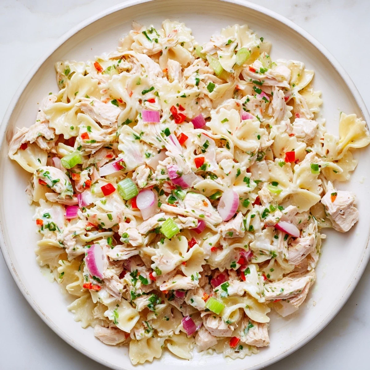 Golden spoonful of Chicken Macaroni Holiday Salad, showcasing creamy dressing over chilled pasta and chicken.