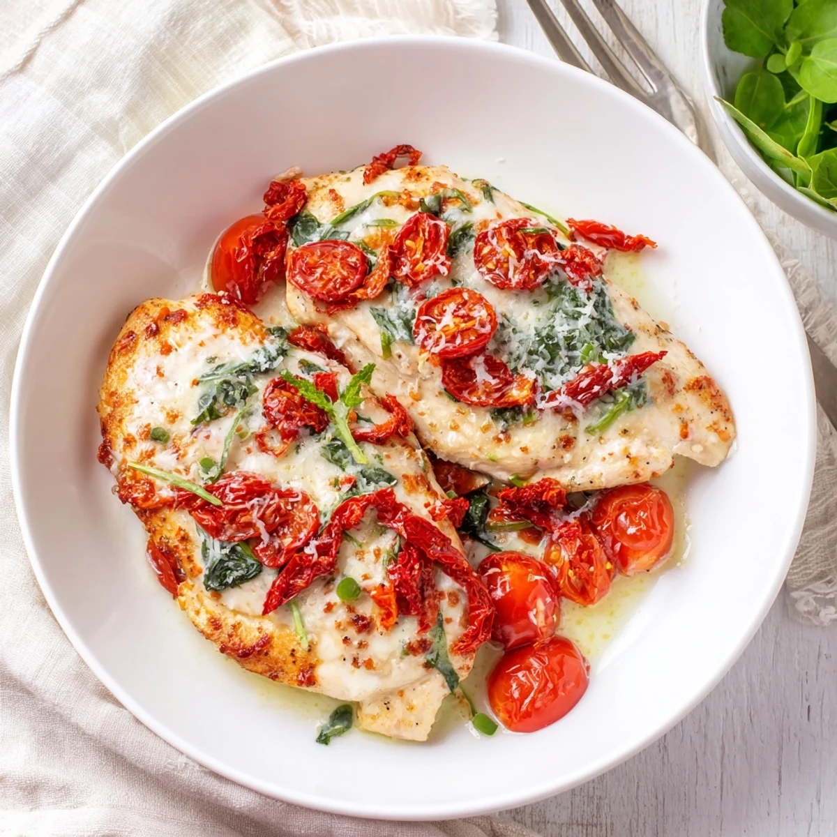 Creamy Sun-Dried Tomato Chicken Skillet, a rich dish, showing chicken in a vibrant, tomato-filled sauce.