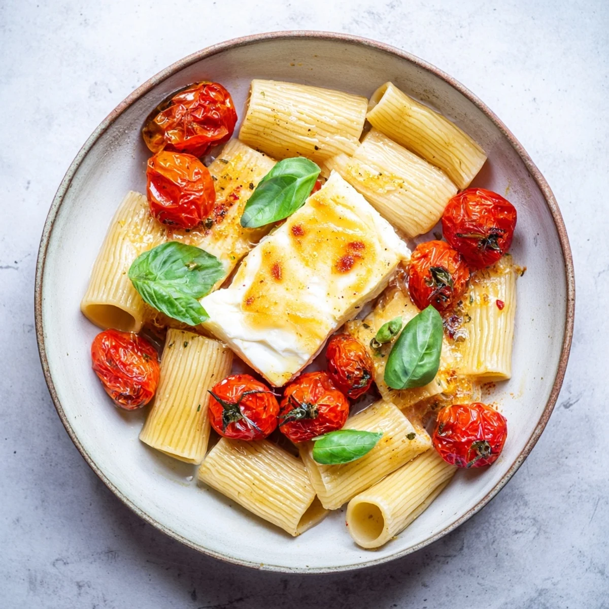 Melted Baked Feta 2.0 with blistered tomatoes, herbs, and glistening hot honey; ready to enjoy.