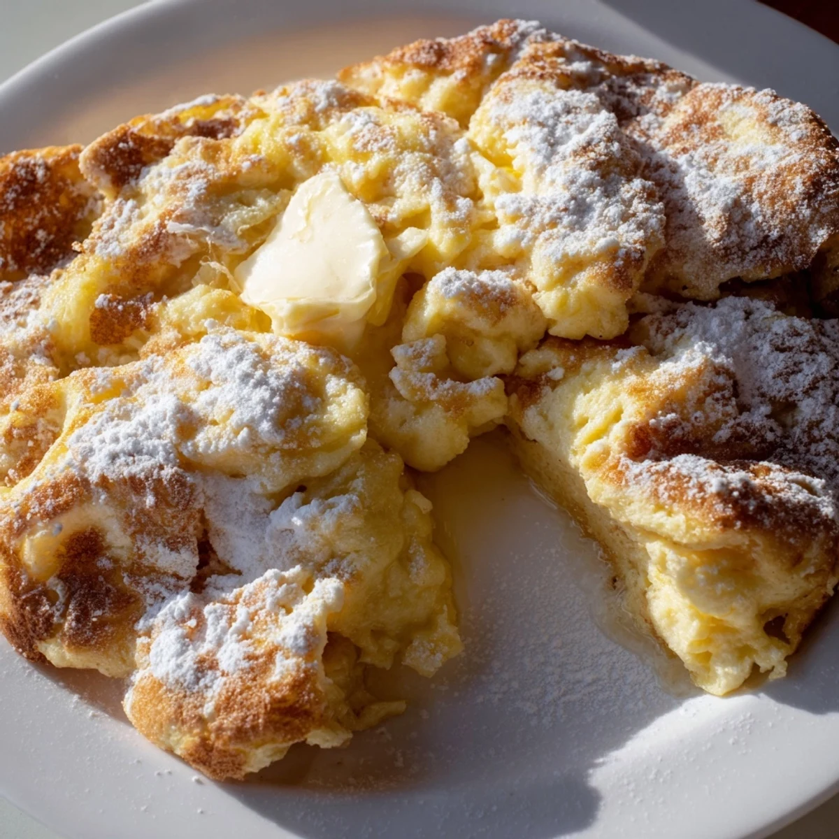 Golden, fluffy scrambled pancakes, a unique one-bowl breakfast, served hot with fresh fruit.