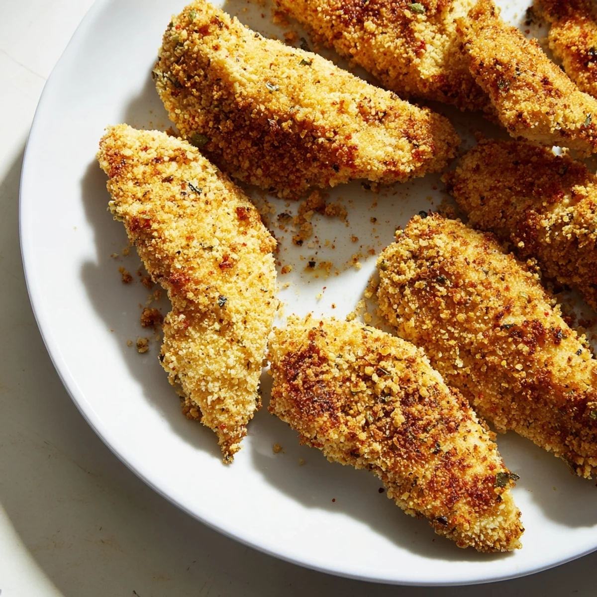 Golden-brown crispy air-fried chicken tenders served with a delicious dipping sauce, ready to eat.