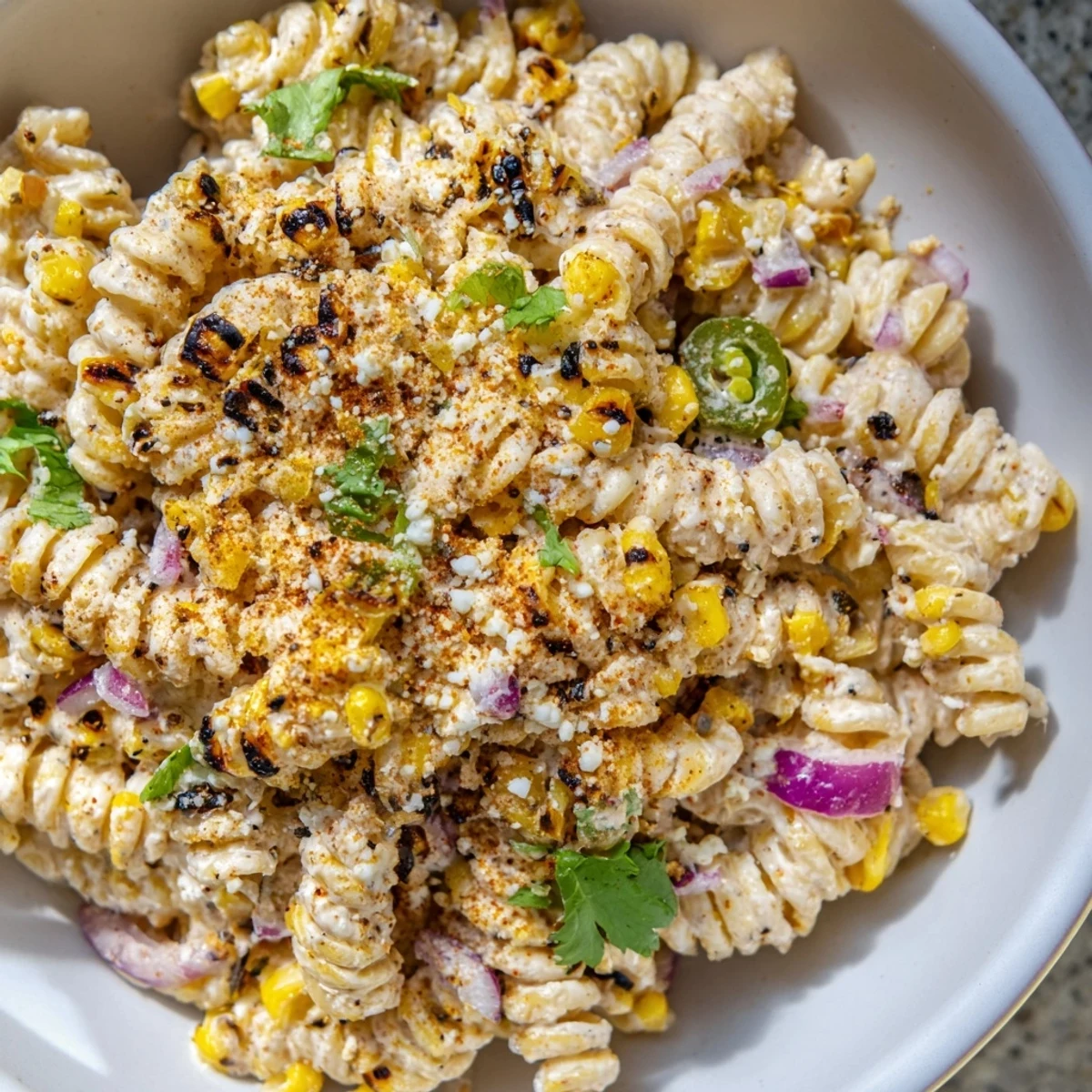 Creamy Street Corn Pasta Salad showcases a vibrant mix of corn, pasta, and fresh herbs in a bowl.