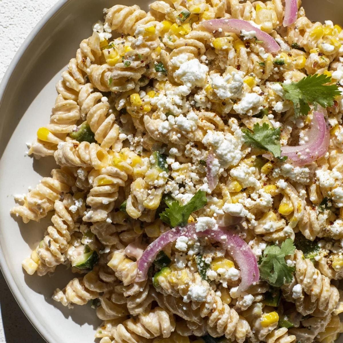 This Creamy Street Corn Pasta Salad features charred corn kernels and a tangy, creamy dressing ready to eat.