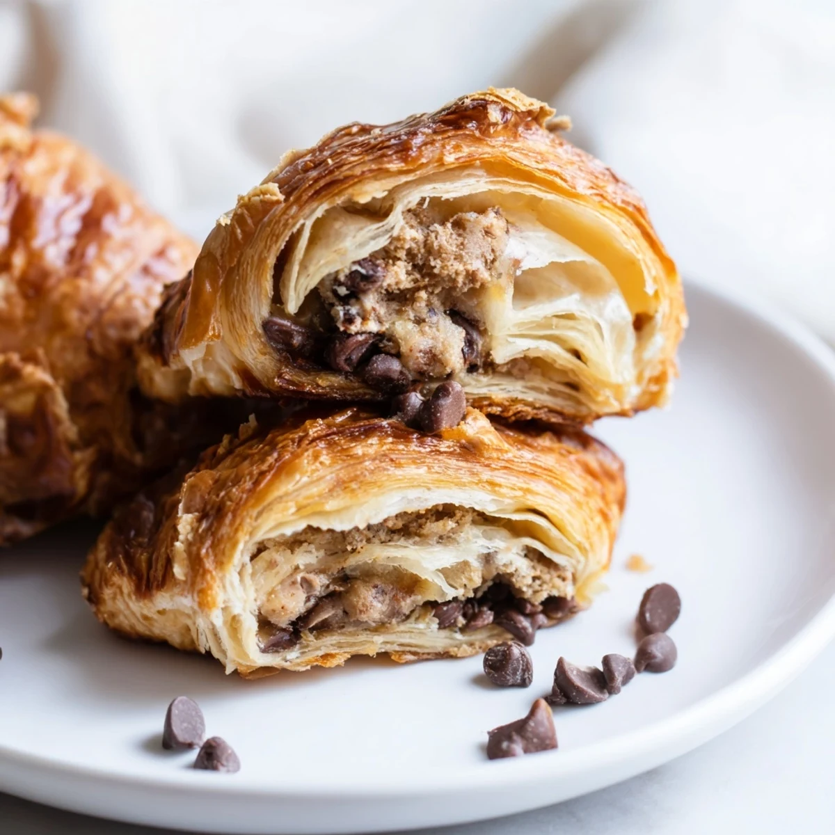 Golden-baked Chocolate Cookie Croissants, a dessert featuring flaky layers and melted chocolate filling.