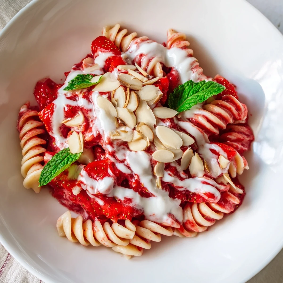 A bowl of refreshing Sweet Strawberry Yogurt Pasta, with creamy yogurt and fresh strawberry slices.