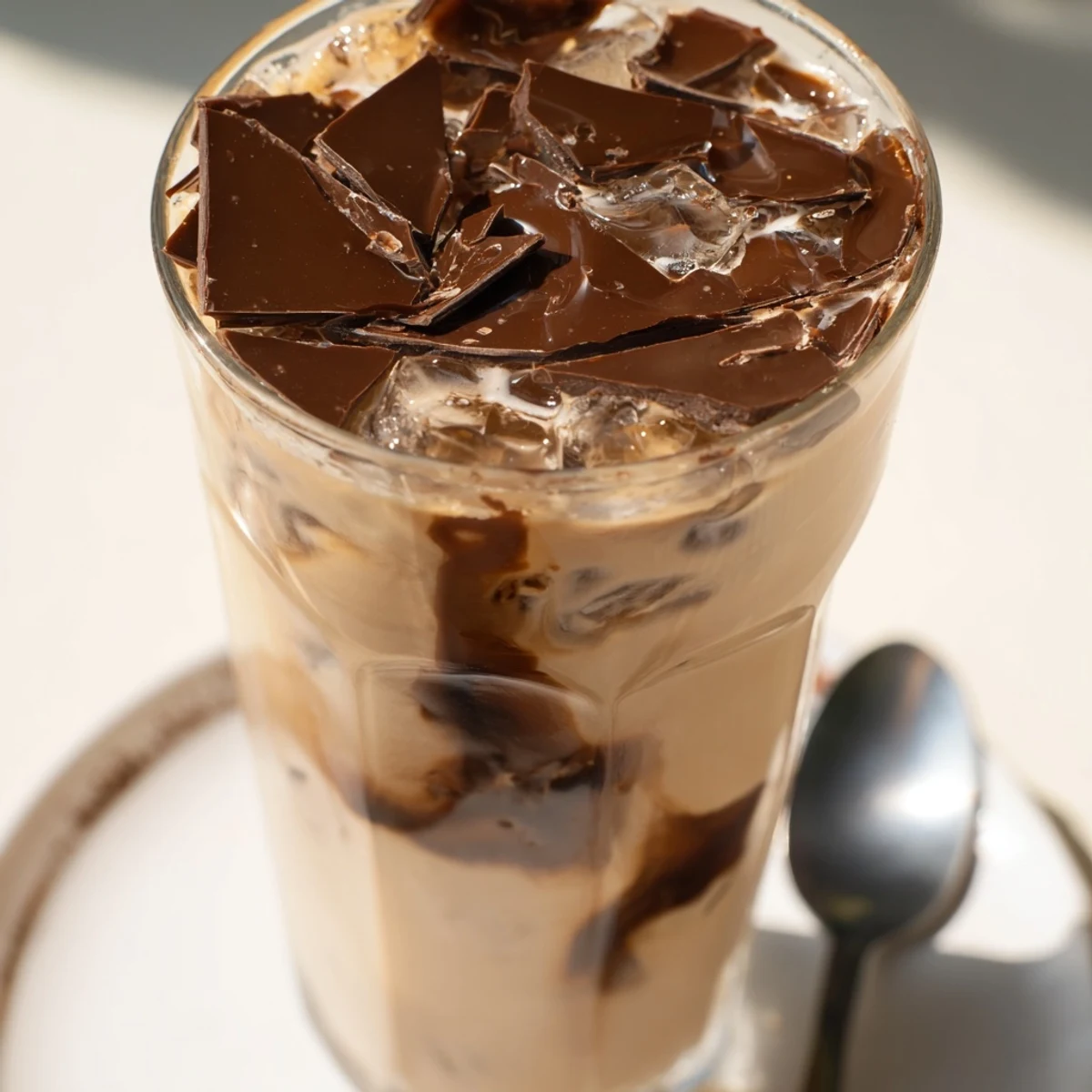 Cracked chocolate tops a chilled chocolate cracking iced latte brimming with espresso, milk, and ice.