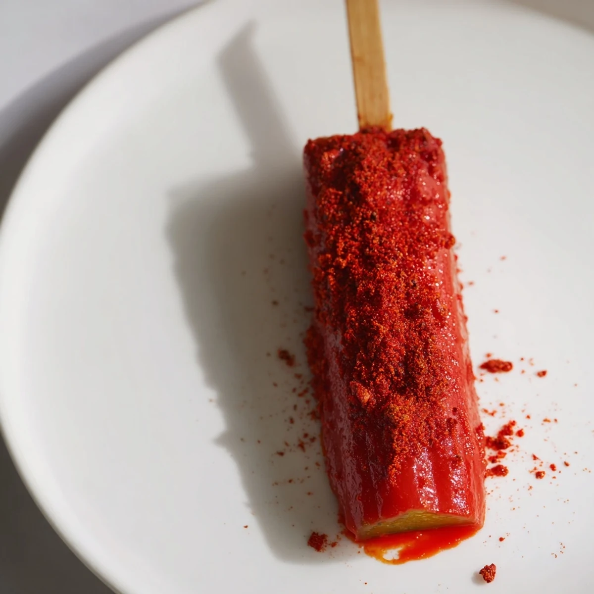 Bright red Chamoy-Tajín pickle sticks, the perfect Mexican-inspired snack, coated in zesty seasoning.
