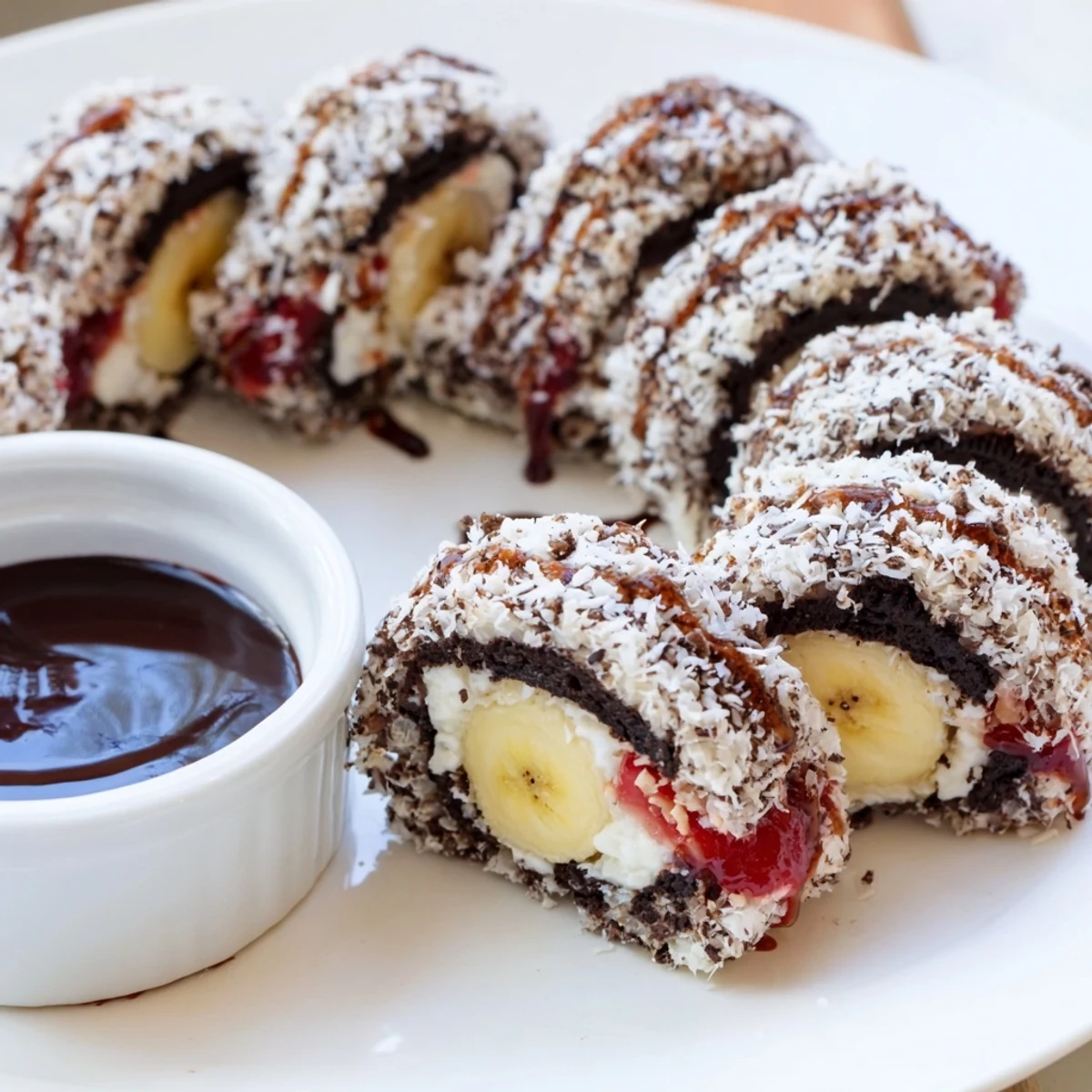 Luscious Oreo Cookie Sushi Rolls, ready to dip in rich chocolate, visually delicious dessert.