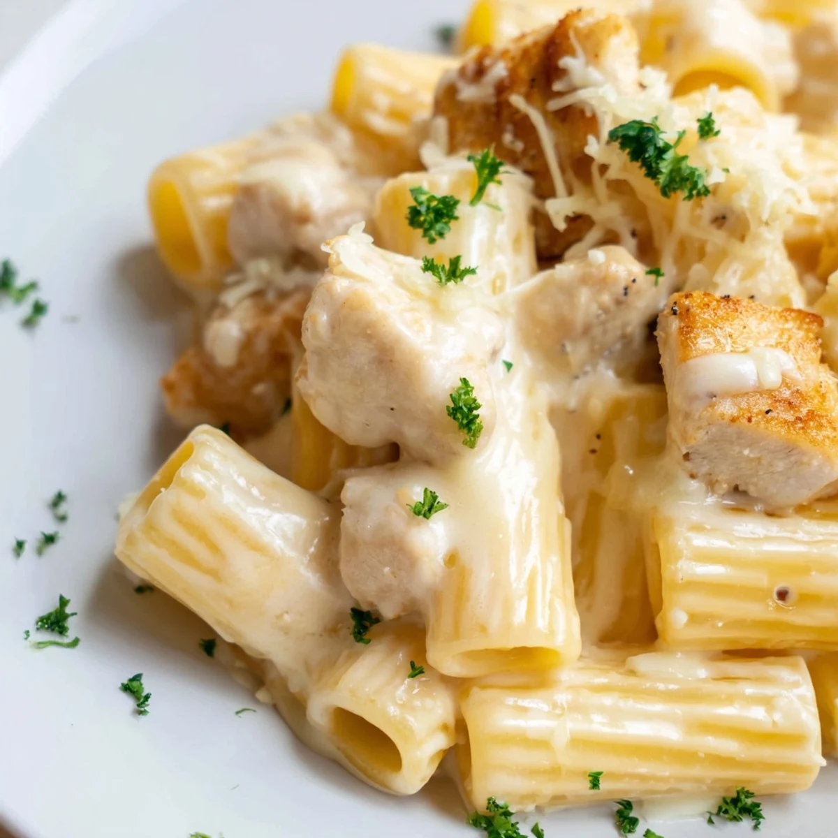 Steaming hot Chicken Alfredo Bake with bubbly cheese, promising creamy deliciousness with every forkful.
